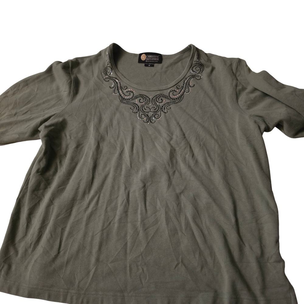 Christine Alexander Sage Green Rhinestone Embellished Scoop Neck Top 1X